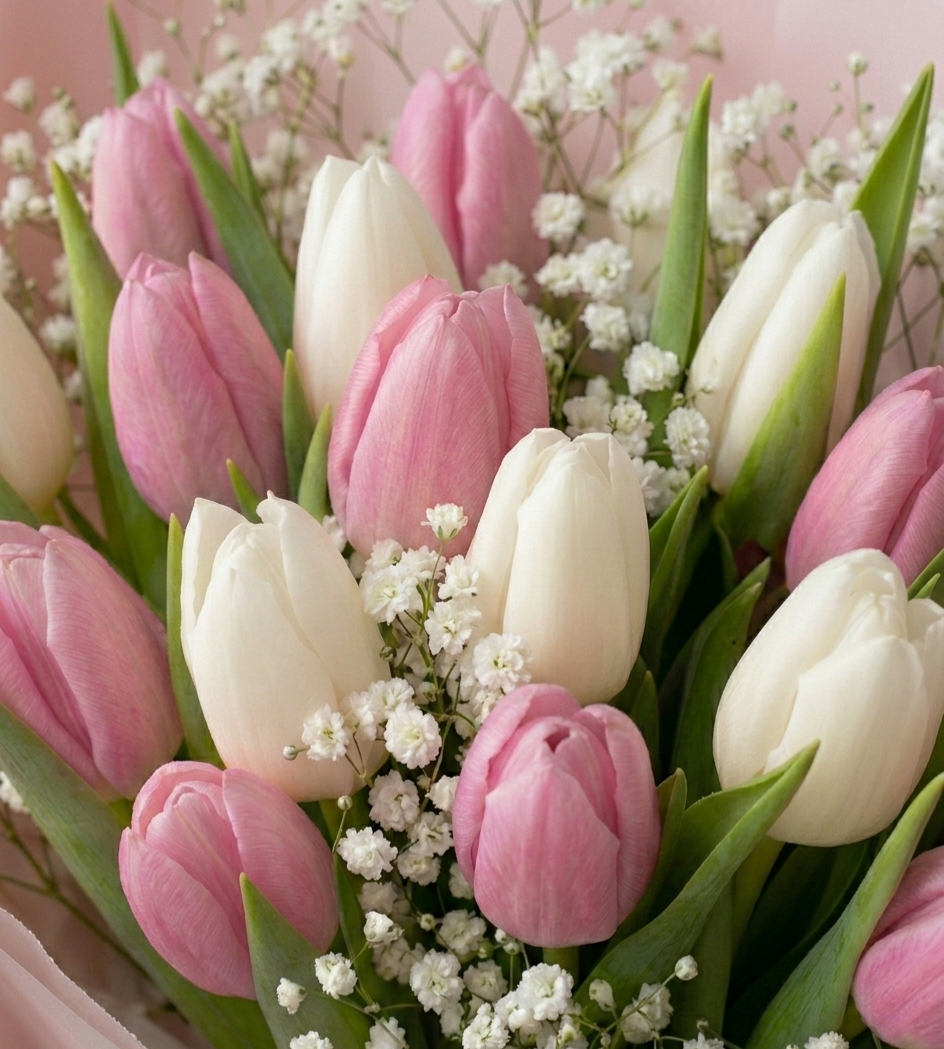 Soft Spring Bouquet of Tulips & Gypsophila