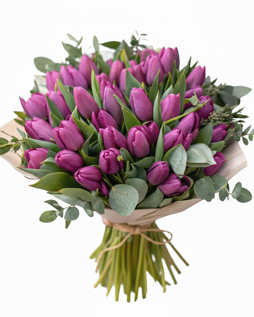 Spring Bouquet of Pink/Purple Tulips & Eucalyptus