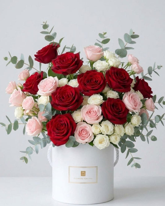 Sharm Box of Red, Pink, White Roses and Eucalyptus