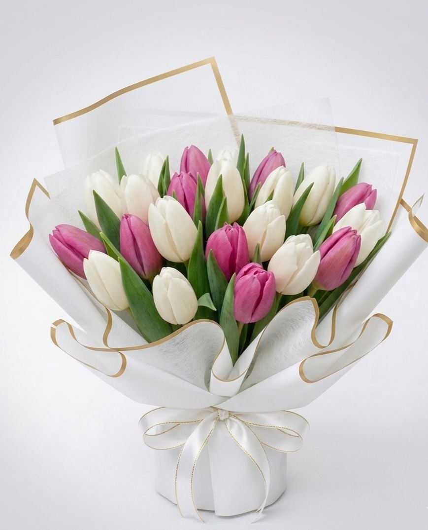 Bouquet of 20 Tulips White & Pink/Violet