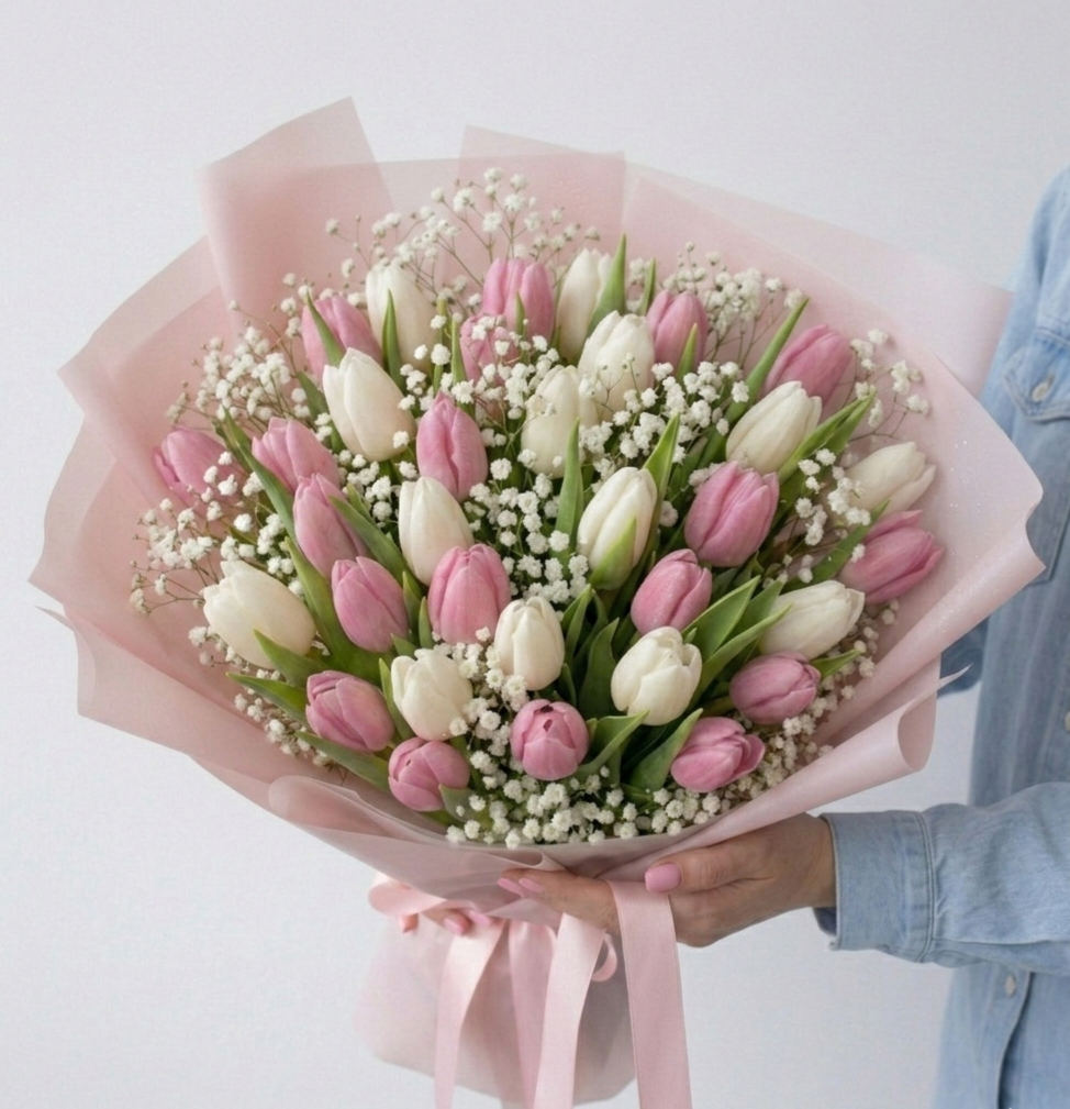 Soft Spring Bouquet of Tulips & Gypsophila