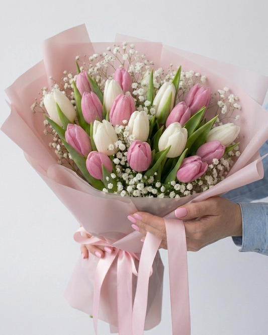 Soft Spring Bouquet of Tulips & Gypsophila
