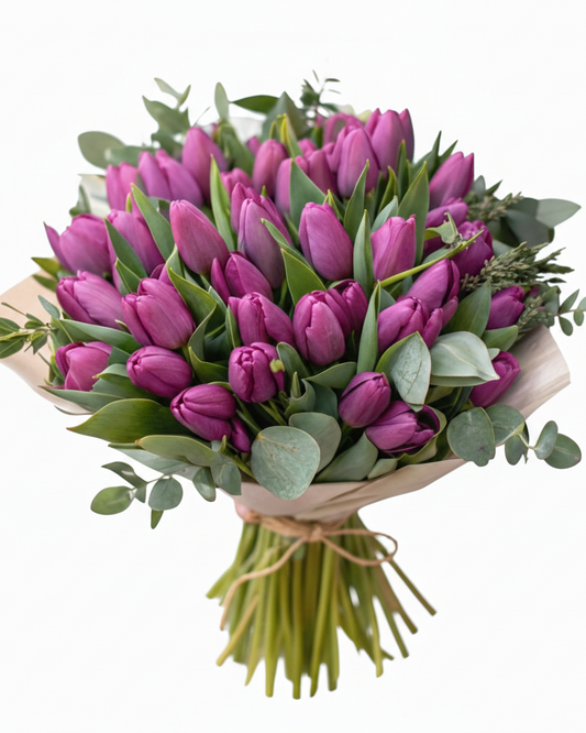 Spring Bouquet of Pink/Purple Tulips & Eucalyptus
